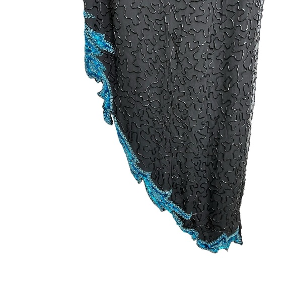 A.J. Bari Womens Vintage Beaded Silk Asymmetric Gown 4 Black Event Formal Gala - Picture 8 of 12